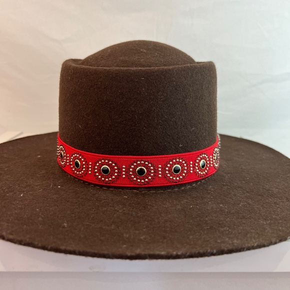 Handmade Wool/Felt Cowboy/Sombrero Hat- Brown/Red Studded Ribbon - Size 57/7 1/8 - Picture 3 of 14